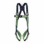 Safety harness with green webbing and adjustable straps