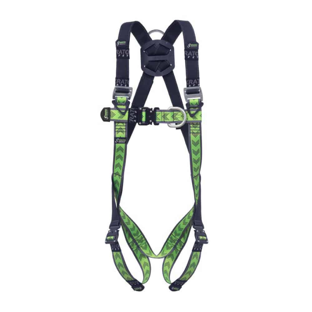 Safety harness with green webbing and adjustable straps