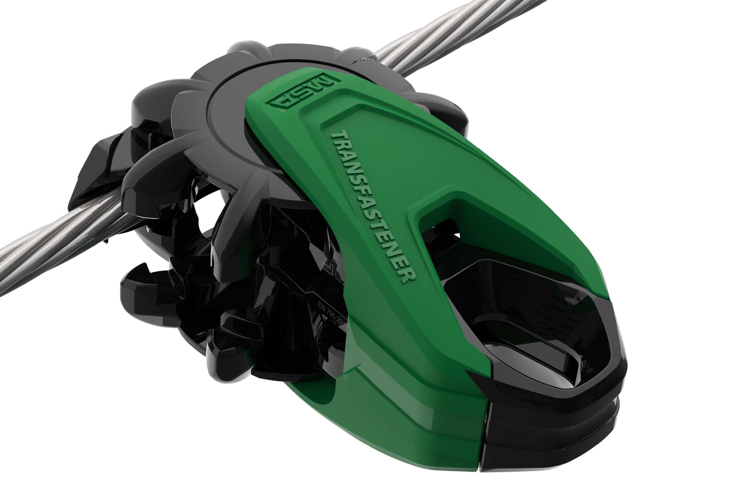 Angled close-up of rope grab device attached to safety line