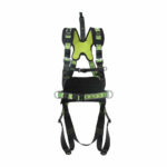 “Full-body safety harness with padded support and green high-visibility straps
