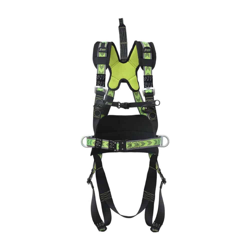 “Full-body safety harness with padded support and green high-visibility straps