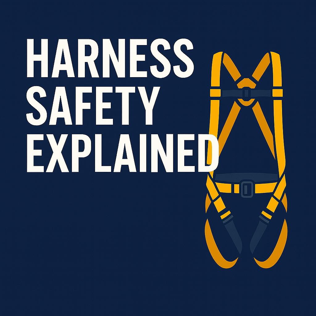 Harness safety explained graphic showing a safety harness illustration