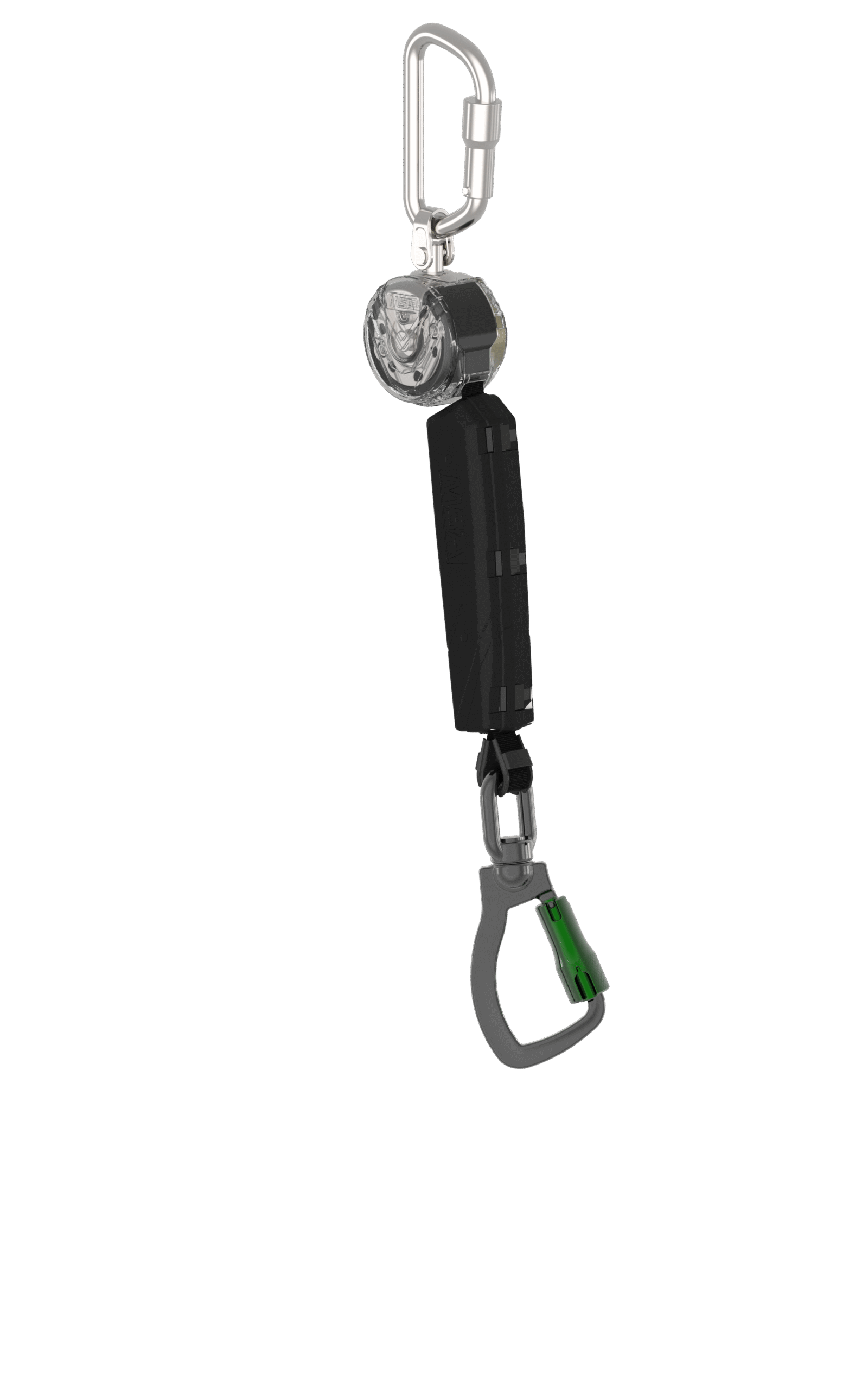 Compact self-retracting lifeline with carabiner and lightweight safety hook