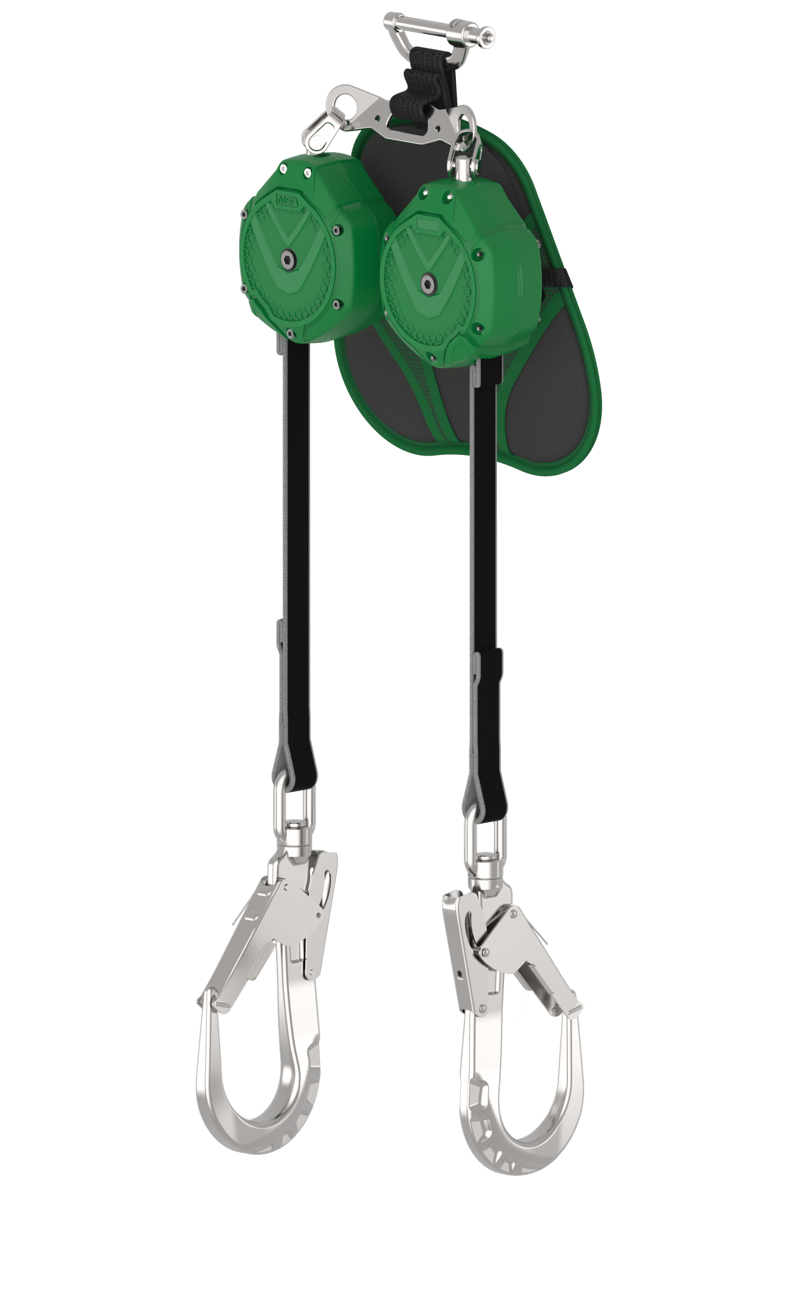 Twin-leg self-retracting lifeline with shock absorbers and scaffold hooks