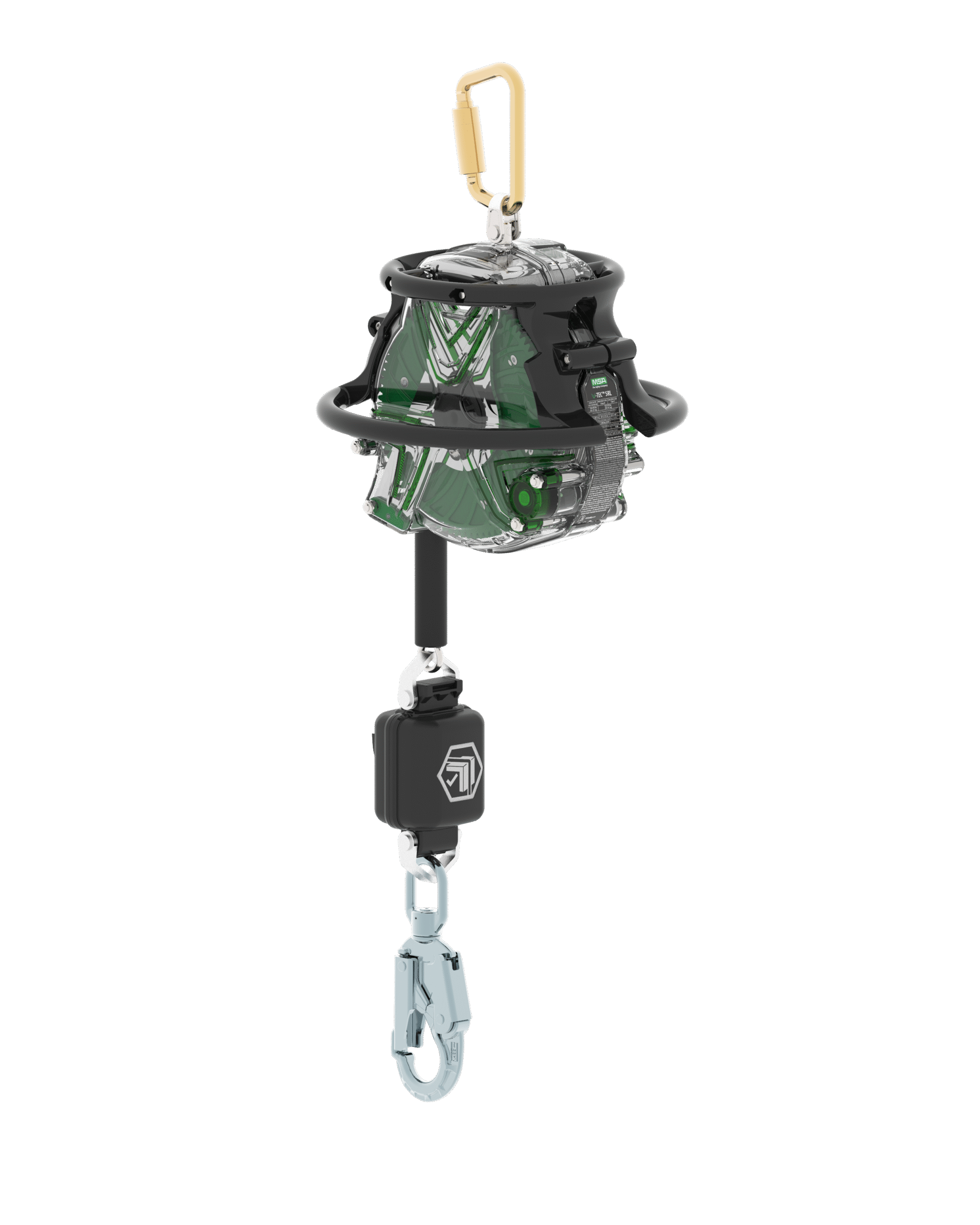 Green self-retracting lifeline device with integrated fall arrest hook for height safety applications