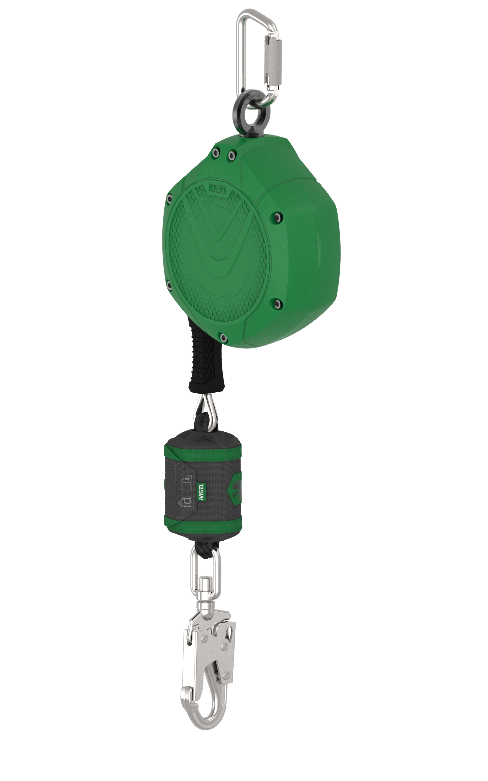 Green fall arrest block with retractable lifeline and safety hook for working at height