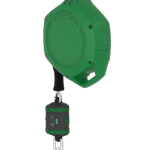 Green self-retracting lifeline safety device with a carabiner attachment and heavy-duty snap hook