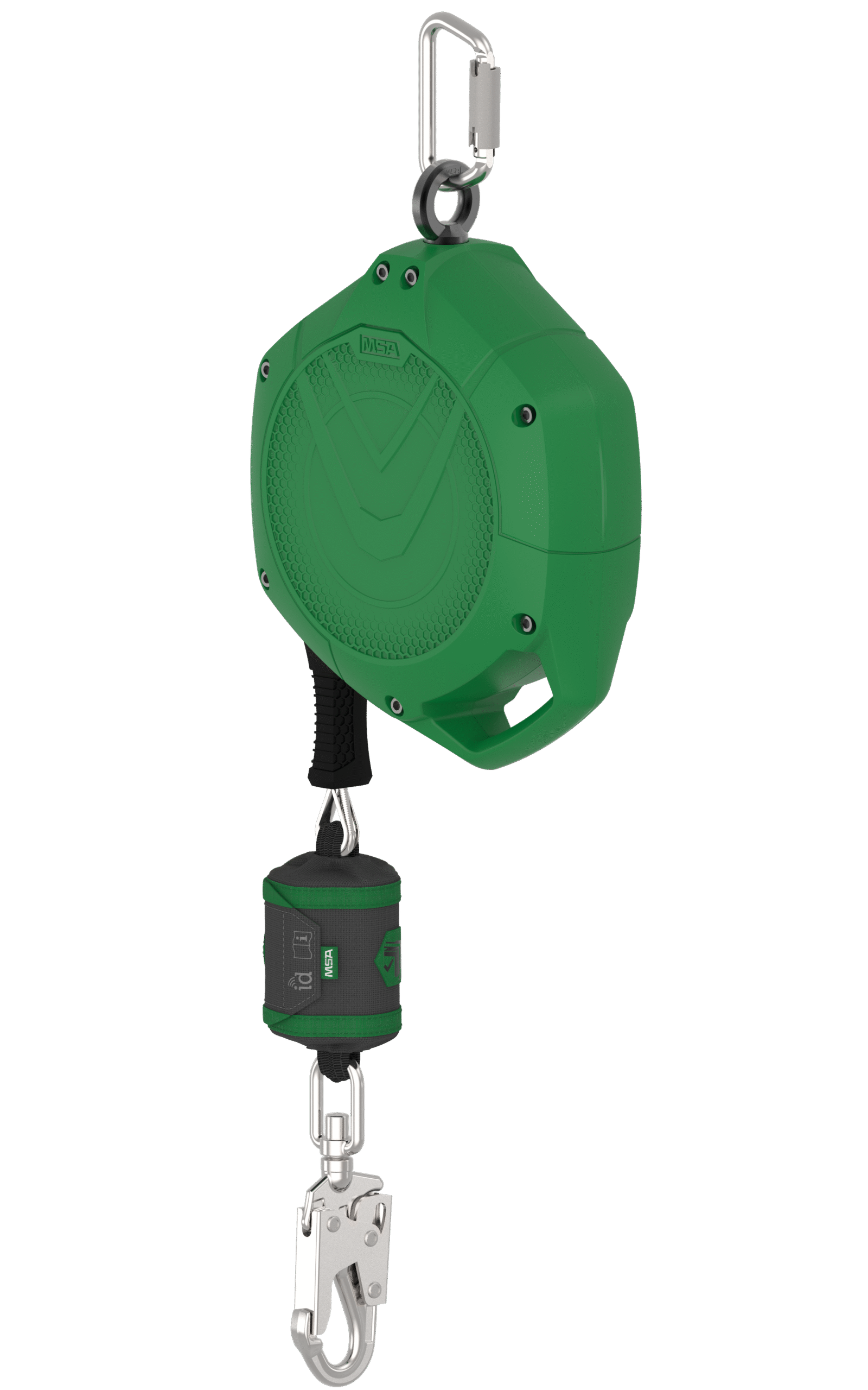 Green self-retracting lifeline safety device with a carabiner attachment and heavy-duty snap hook