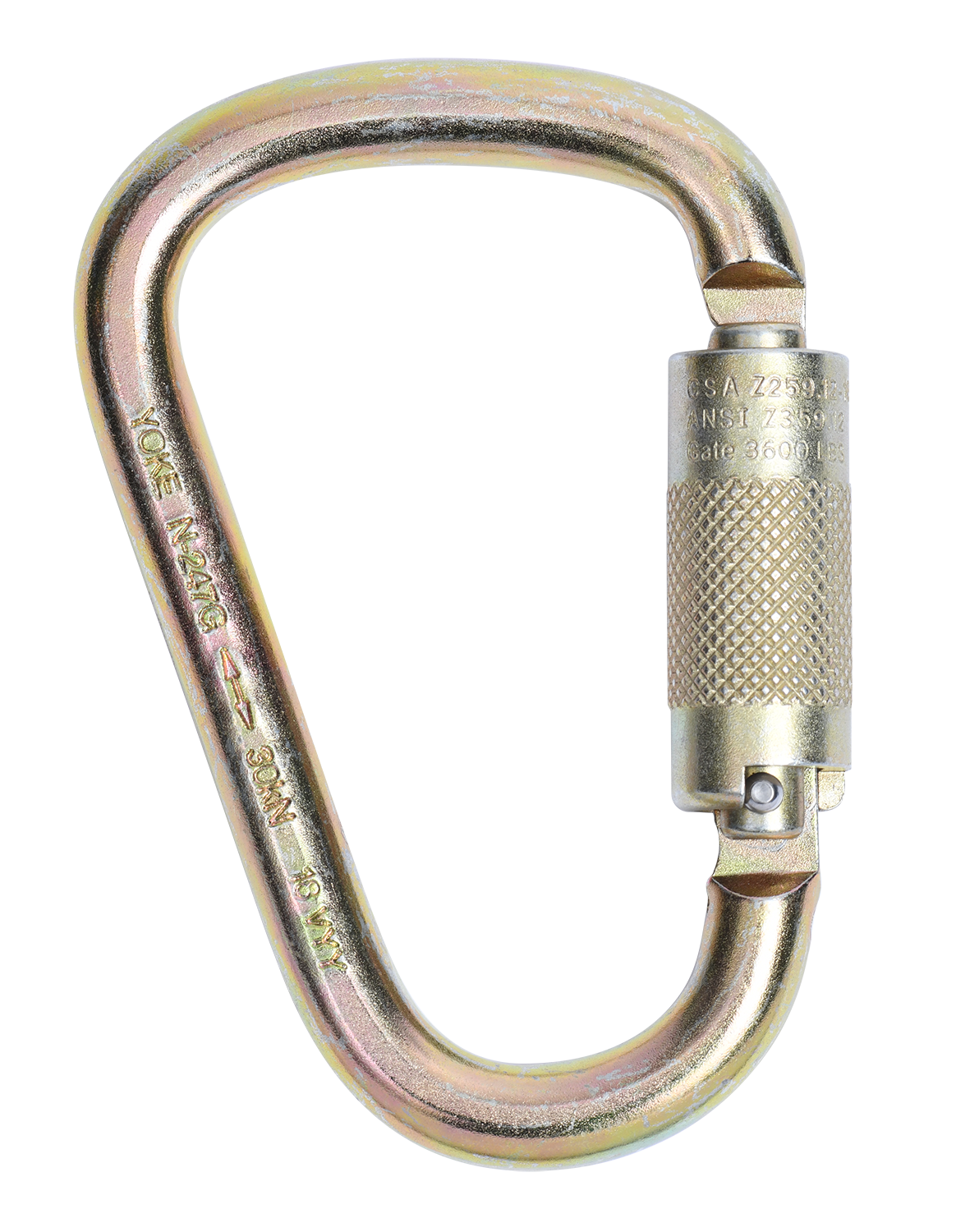 Heavy-duty steel carabiner with a screw-lock gate for fall protection and safety harness systems